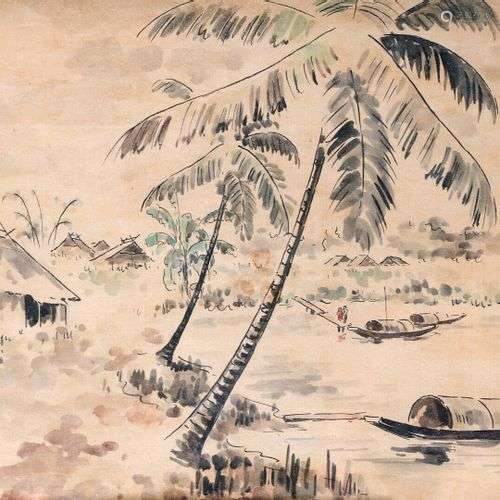 Nguyen Tu (XXe) Sampan sur la rivière. Peinture sur soie, si...