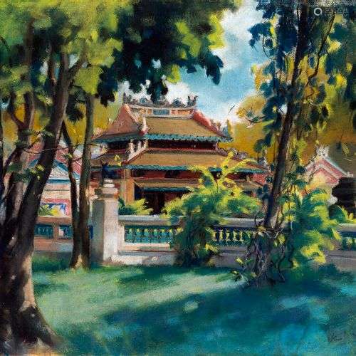 LE VAN XUONG (1917-1988) Vue de la grande pagode. Pastel sur...