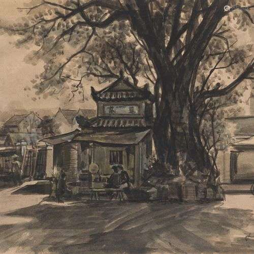 LE VAN XUONG (1917-1988) Pagode à Hanoï. Encre de Chine et l...