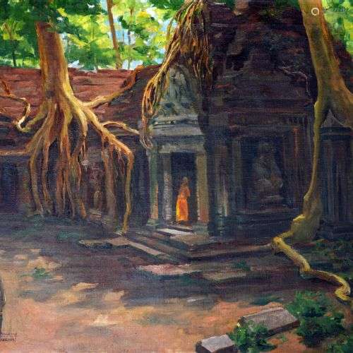 Ecole des peintres voyageurs. Temple d'Angkor. Huile sur toi...