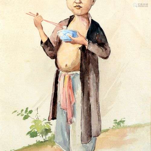 Enfant au bol de riz. Aquarelle sur papier encadrée, idéogra...