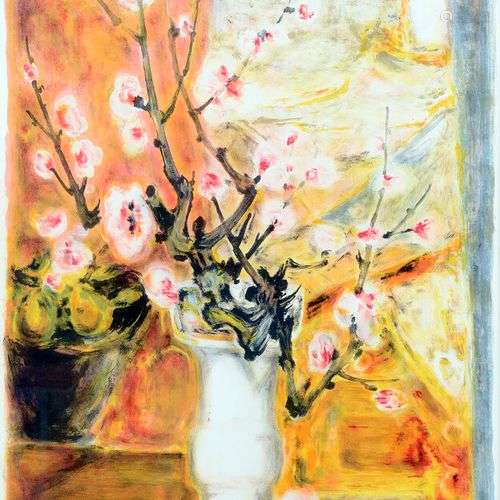Lê Pho (1907-2001). Fleurs de cerisiers dans un vase. Lithog...