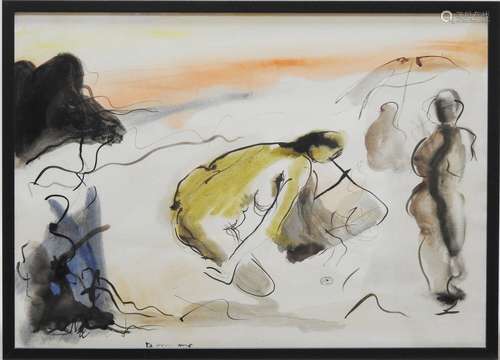 Bernard DAMIANO (1926 - 2000) Scène de plage Lavis d'encre e...