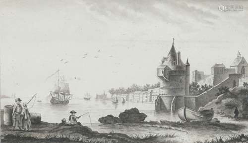École française du XVIIIe siècle.Le port à la tour fortifiée...