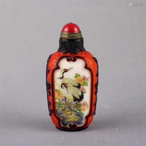 A Peking Glass Snuff Bottle with Flower & Bird Pattern