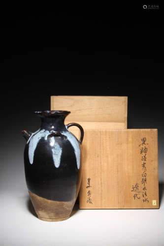 唐代 魯山窯 黑釉月白斑 執壺