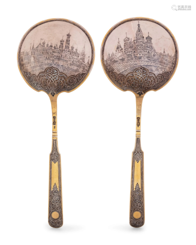 A Pair of Russian Niello Silver-Gilt Serving Spoons