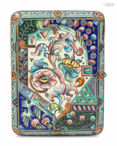 A Russian Enameled Silver Cigarette Case