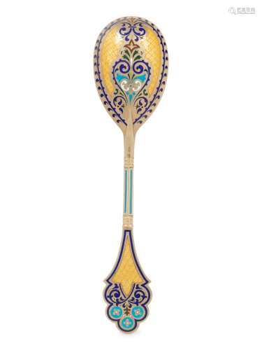 A Russian Guilloche Enameled Silver Spoon