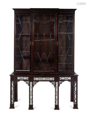 A Chinese Chippendale Pierce-Carved Mahogany Breakfront