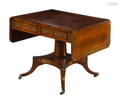 A Regency Brass Inlaid Rosewood Pedestal Sofa Table
