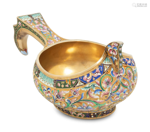 A Large Russian Shaded Enamel Silver-Gilt Kovsh