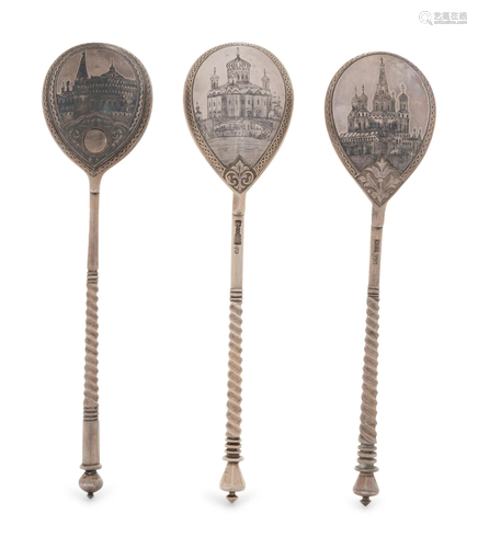 Three Russian Niello Silver Spoons