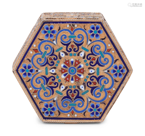 A Russian Enameled Silver-Gilt Hexagonal Snuff Box