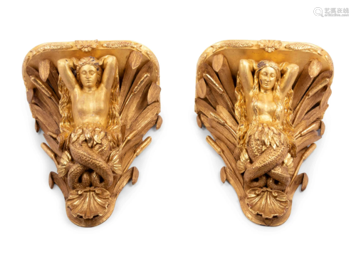 A Pair of English Carved Giltwood Figural Wall Brackets