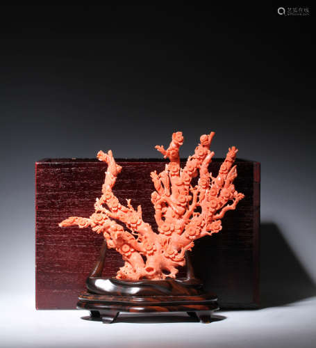 珊瑚雕梅花紋 山子 付紅木座