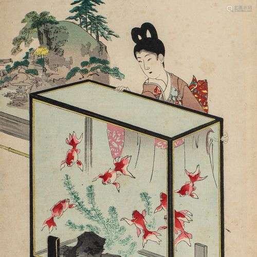 Estampe de Chikanobu, Geisha devant un aquarium (partie de t...