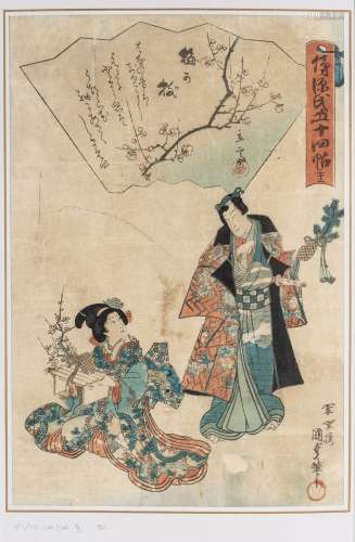 Deux estampes de Kunisada, jeunes courtisanes, encadrées.For...