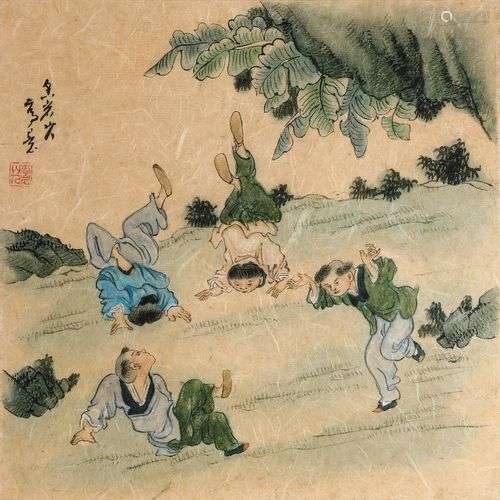 Peinture encadrée, de cinq enfants jouant.Chine XXe siècle60...