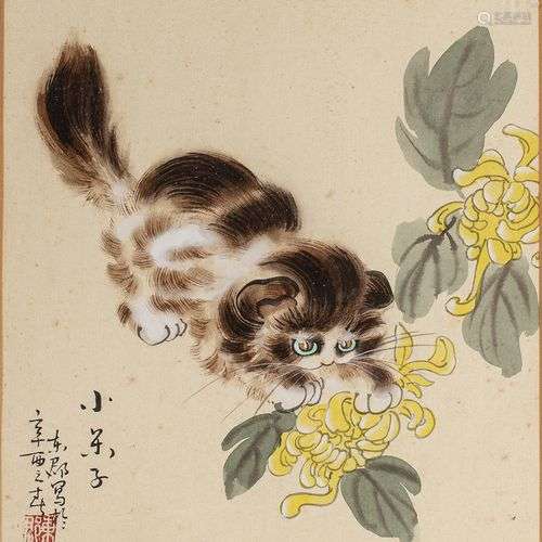 Peinture chinoised’un chat.Chine XXe siècleH. 29 cm, L. 23 c...
