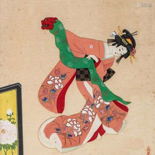 Petit panneau avec une geisha en tissu.Japon XXe siècleH. 29...