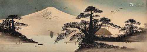 Deux peintures encadrées du mont Fuji.Japon XXe siècleL. 28 ...