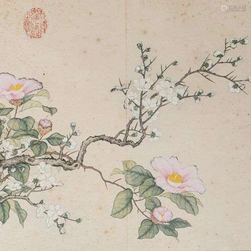 Peinture florale sur papier. Chine 18e. Signature Li Bingde....
