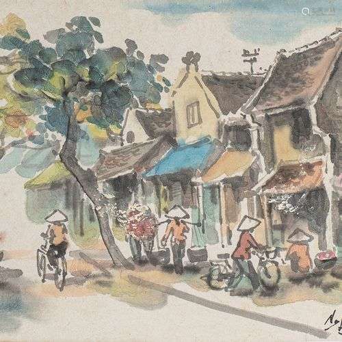 Aquarelle rue de Hanoï.Vietnam XXe siècleH. 28 cm, L. 21 cm
