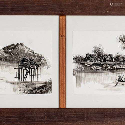 Deux encres de chine, encadrées, paysages.Vietnam XXe siècle