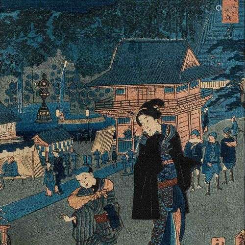 Estampe de Hiroshige sur papier crépon, encadrée.Format chub...