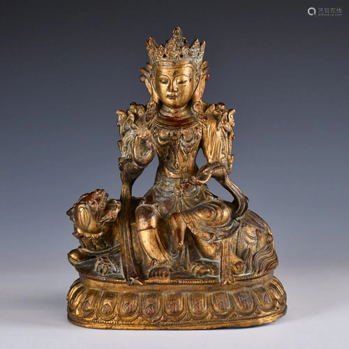 Old Tibetan Gilt Maitreya Riding A Qilin