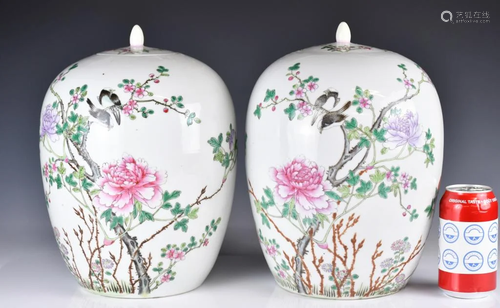 A Pair of Famille Rose Wintermelon Jars Hongxian Mark