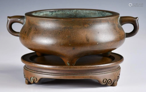 A Chinese Bronze Double Ears Incense Burner Xuande