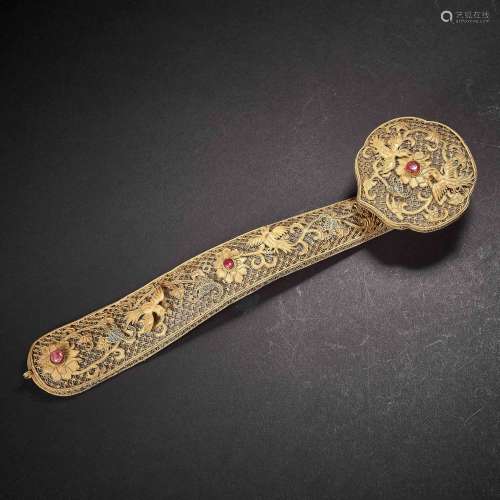 Qing Dynasty,Gold Inlaid Jade Ruyi
