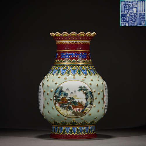 Qing Dynasty, Qianlong Bean Green Drum Nail Window Gold-Trac...