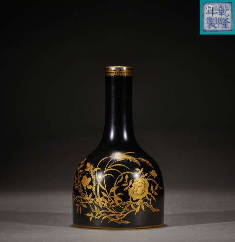 Qing Dynasty,Mirror Black Glaze Depicting Gold Flower Patter...