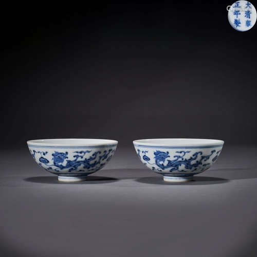 Qing Dynasty,Blue and White Dragon Pattern Bowl