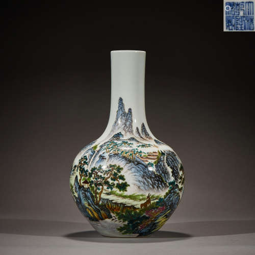 Qing Dynasty,Famille Rose Landscapes Celestial Sphere Bottle