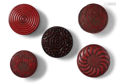 FIVE JAPANESE RED LACQUER KOGO (INCENSE CONTAINERS)