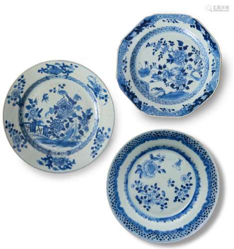THREE CHINESE BLUE AND WHITE DISHES QIANLONG PERIOD (1735-17...