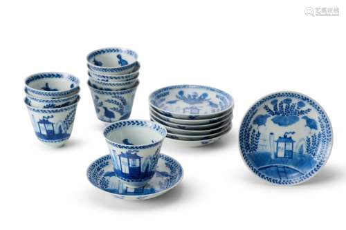 A SET OF EIGHT CHINESE BLUE AND WHITE TEA BOWLS AND SAUCERS ...