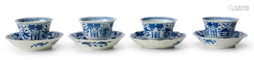 FOUR CHINESE BLUE AND WHITE TEA BOWLS TOGETHER WITH FOUR DIS...