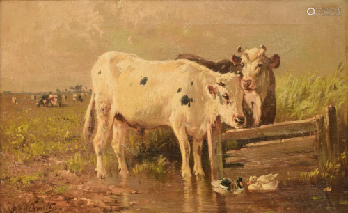 Henri Schouten (c.1857-1927), cows near the pond, 33,5
