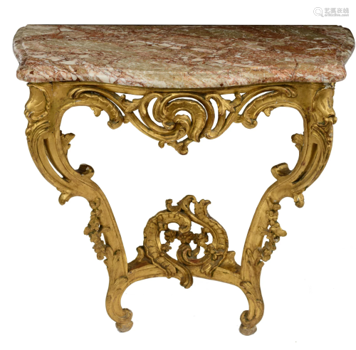 A giltwood Rococo console table, mid 18thC, H 85 - W