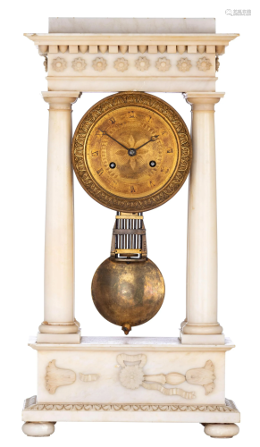 A French Charles X alabaster portico clock, H 59 - W