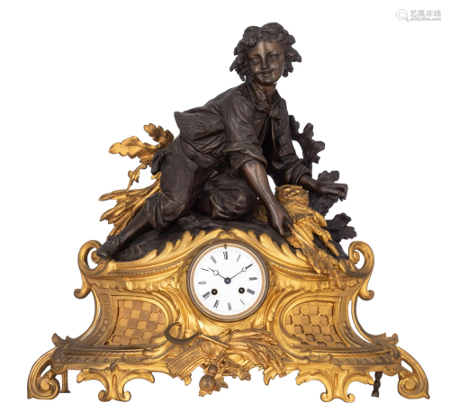 A Napoleon III gilt and patinated bronze mantle clock,