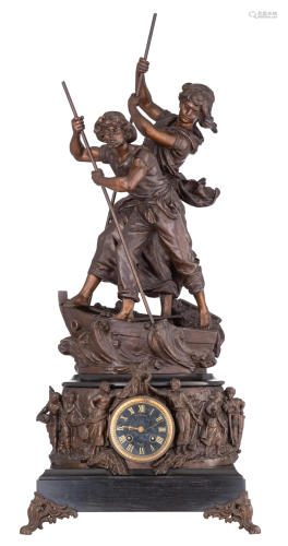 A mantle clock, with on top two fishers by Moreau, the