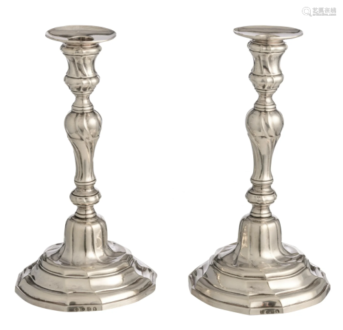 A pair of silver Rococo period candlesticks, Mons