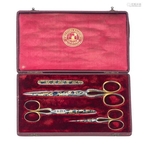 A set of floral damascening scissors and pocket knife,