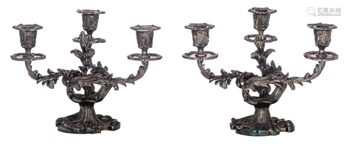 A pair of silver-plated Rococo style candelabras, H